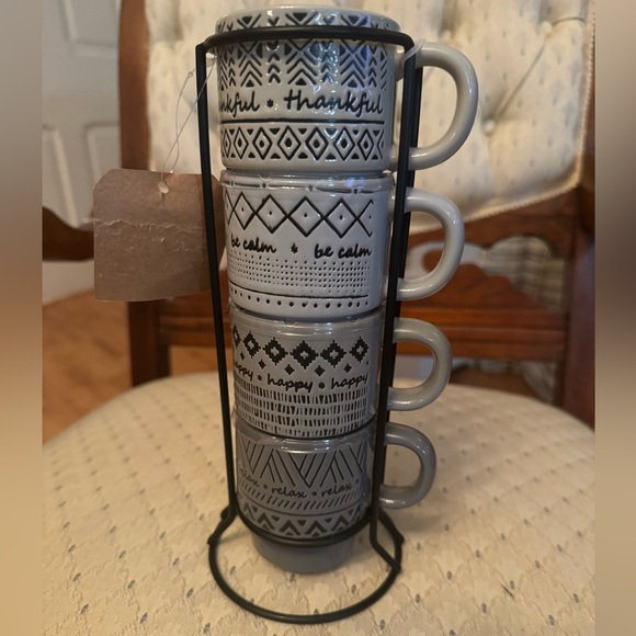 Four Boho Contrasting Patterns Espresso Cups Metal Stand - Picture 10 of 11